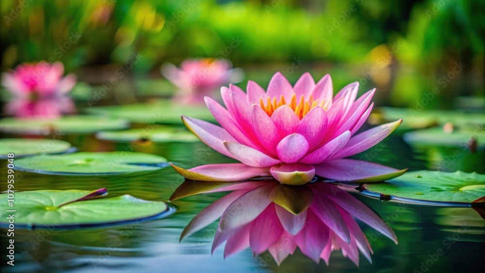 Beautiful pink water lily in full bloom on a tranquil pond, pink, water lily, flower, bloom, nature, pond, serene, tranquil Beautiful pink water lily in full bloom on a tranquil pond, pink, water lily, flower, bloom, nature, pond, serene, tranquil