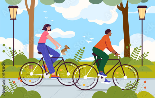 People ride bicycle in city park. Man and woman ride on bikes with dog. Active lifestyle and exercising. Cardio workout outdoors. Couple on eco friendly transport. Flat vector illustration
