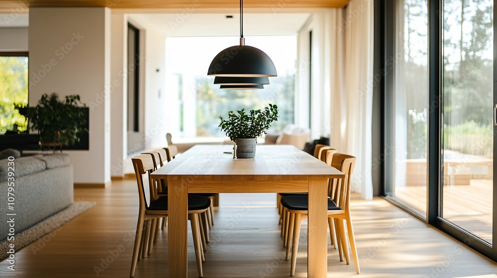 custom made wallpaper toronto digitalSpacious dining room with a long wooden table, chic pendant lighting, and modern chairs, copy space