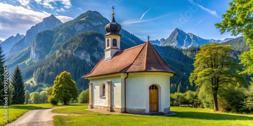 Small traditional Josef Chapel nestled in the mountains of Unterammergau in the Alps, chapel, small, traditional photo