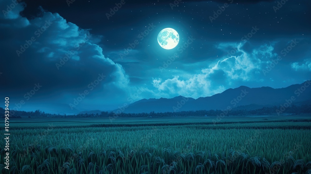 Obraz premium A full moon shines brightly over a field of green grass and mountains in the distance.