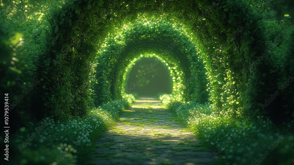 A path leading through a lush green archway in a forest, with sunlight filtering through the leaves. A path leading through a lush green archway in a forest, with sunlight filtering through the leaves.