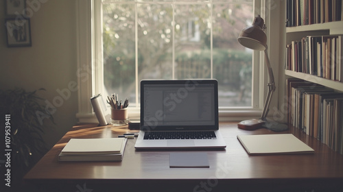 Wallpaper Mural A minimalist home office with a laptop and notebook on desk Torontodigital.ca
