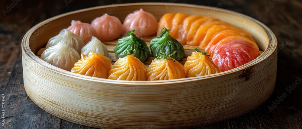 Vibrant dim sum selection in a bamboo steamer, showcasing intricate details and rich colors, inviting culinary experience and cultural delight Vibrant dim sum selection in a bamboo steamer, showcasing intricate details and rich colors, inviting culinary experience and cultural delight
