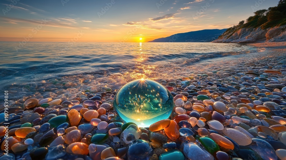 Obraz premium Glimmering Shore: A Crystal Sunset Beachscape