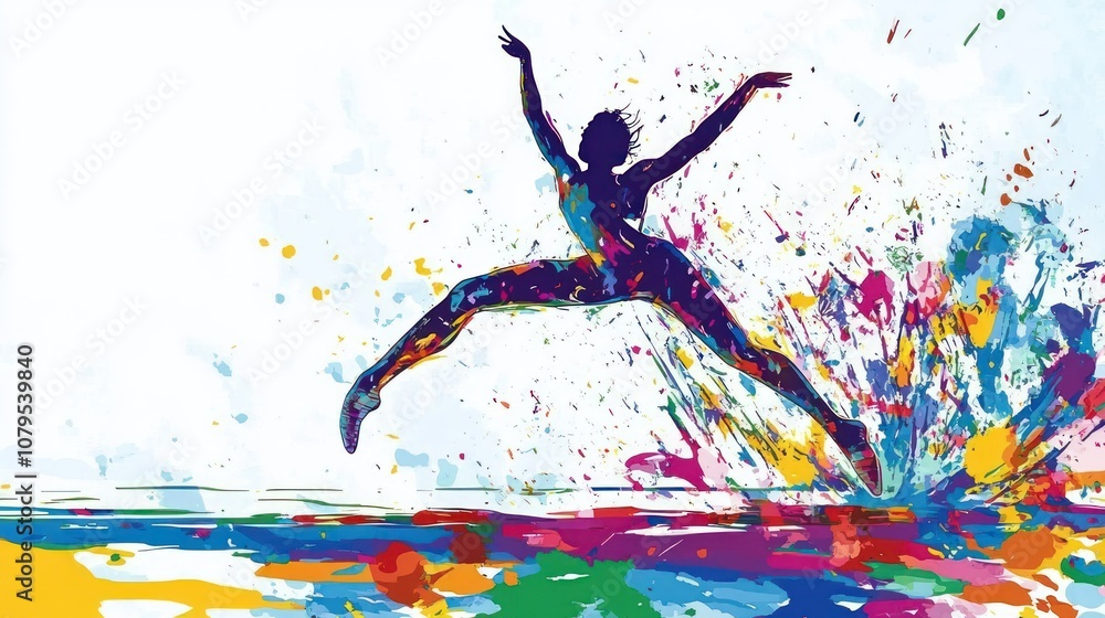 A vibrant silhouette of a dancer leaping amidst colorful splashes of paint. A vibrant silhouette of a dancer leaping amidst colorful splashes of paint.