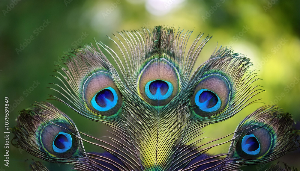 Obraz premium Peacock focus on beautiful and symmetrical tail feathers isolated with blur green bokeh background
