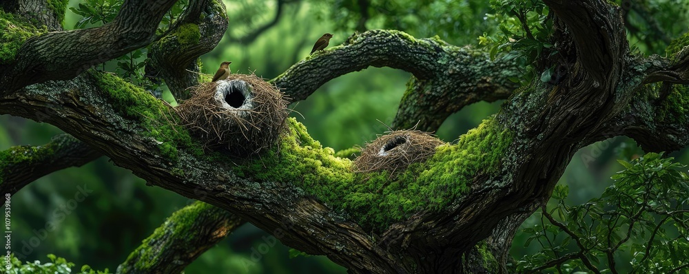 Obraz premium Bird nests on a textured branch surrounded by lush green foliage.
