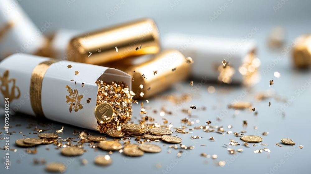Elegant golden crackers bursting with coins and confetti symbolizing celebration and wealth. Elegant golden crackers bursting with coins and confetti symbolizing celebration and wealth.