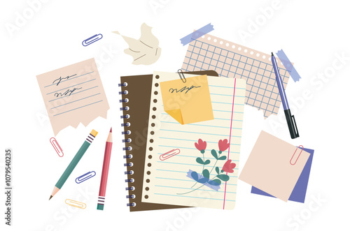 Paper notebooks set. Blank paper sheets and notepad with pen and pencil. School and office supplies. Planning and goal setting. Flat vector collection isolated on white background