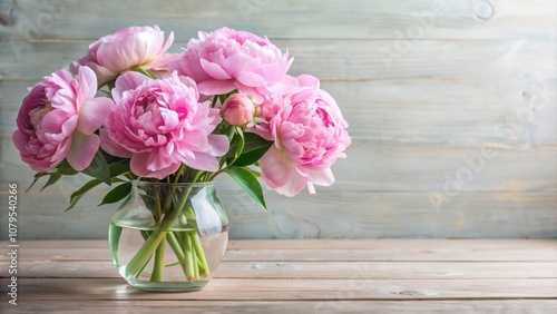 Fototapeta Naklejka Na Ścianę i Meble -  Beautiful pink peonies in a clear glass vase, peonies, flowers, vase, pink, beautiful, arrangement, floral, decoration