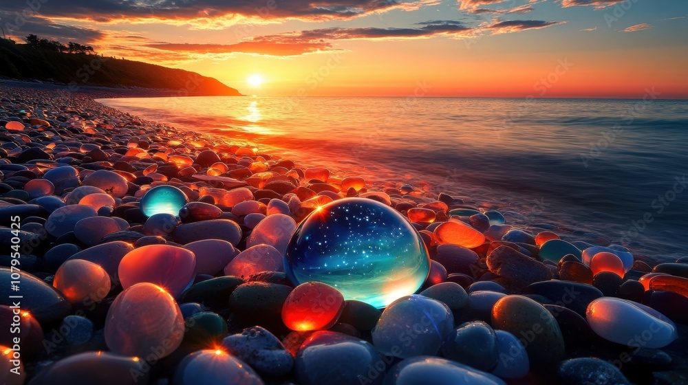 Fototapeta premium Glimmering Shore: A Crystal Sunset Beachscape