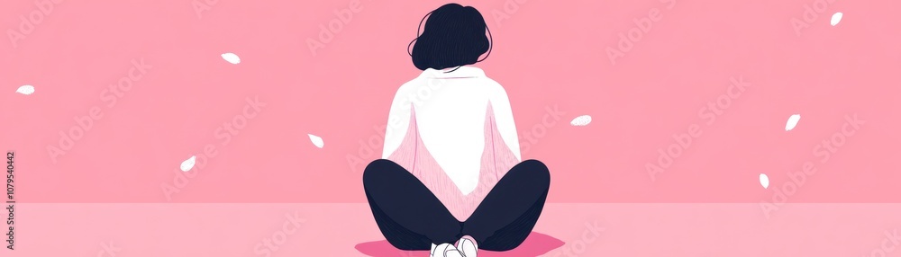 A person sits cross-legged against a pink background, surrounded by petals, conveying tranquility. A person sits cross-legged against a pink background, surrounded by petals, conveying tranquility.