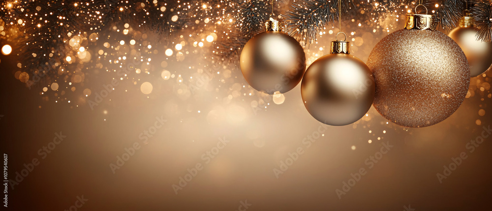Golden Christmas baubles on a shimmering background with twinkling lights and a warm, festive glow. Perfect for holiday-themed designs and decorations. Golden Christmas baubles on a shimmering background with twinkling lights and a warm, festive glow. Perfect for holiday-themed designs and decorations.