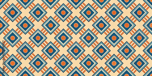 Minimalistic retro geometric seamless pattern in blue and orange colors on beige background, Moroccan, antique, seamless