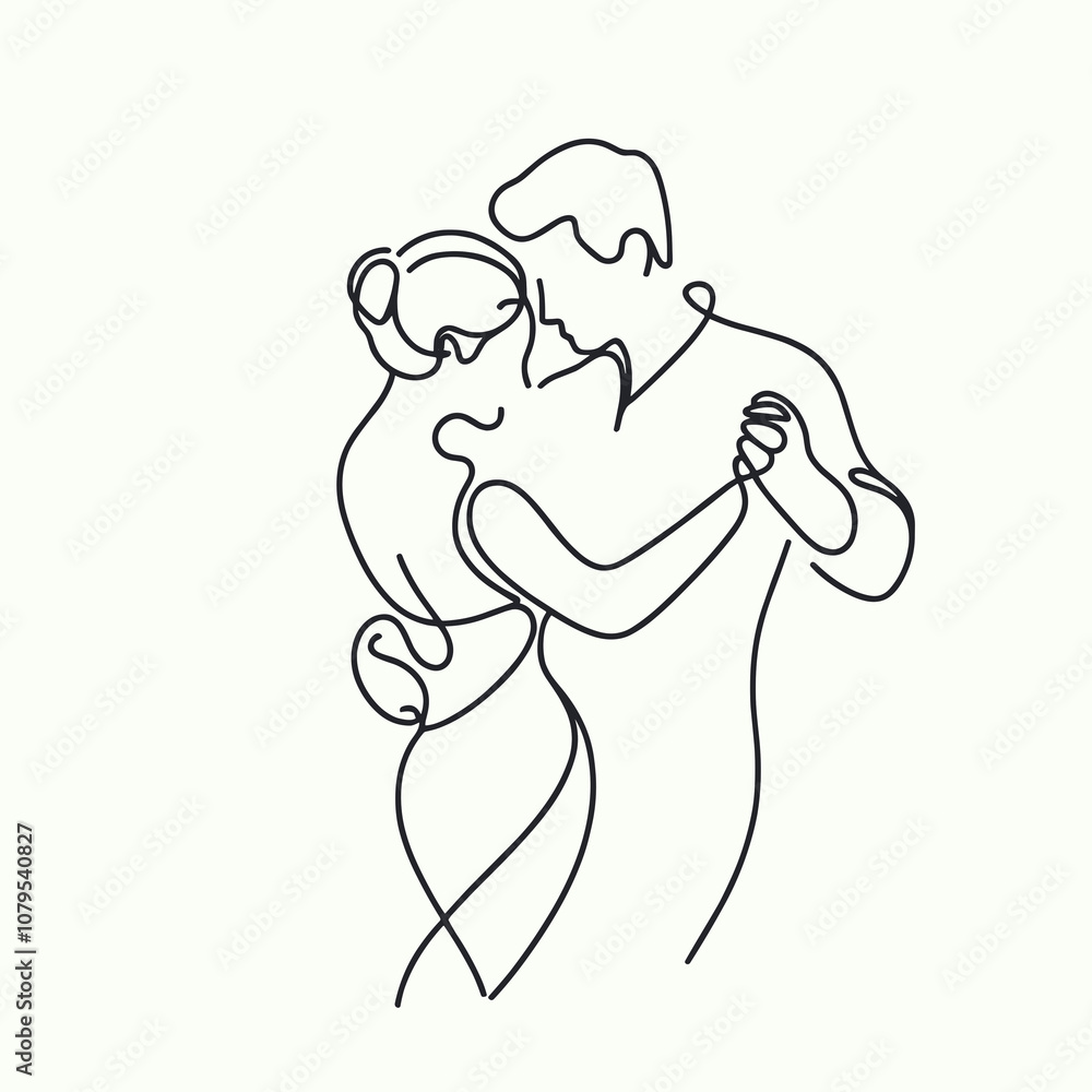  Silhouette of dancing couple in elegant line art style