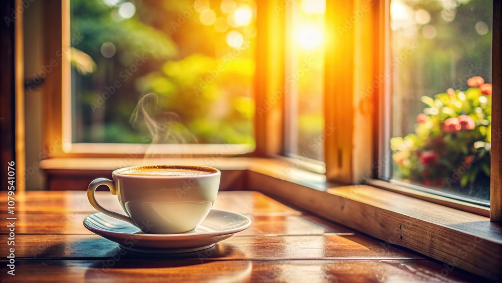 A cup of coffee on a table with warm filter lighting from a window, creating a cozy morning atmosphere, coffee A cup of coffee on a table with warm filter lighting from a window, creating a cozy morning atmosphere, coffee