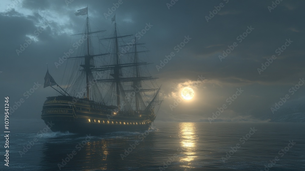 A majestic sailing ship cuts through the choppy waters of the sea, with a full moon and dark clouds in the distance. A majestic sailing ship cuts through the choppy waters of the sea, with a full moon and dark clouds in the distance.