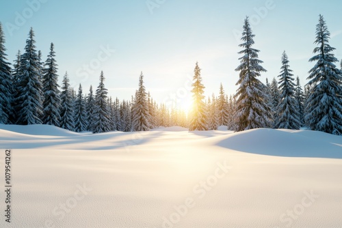 A snowy field with trees in the background