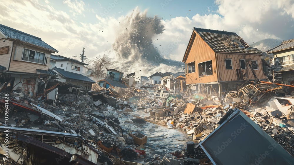 巨大地震で押し寄せる津波 巨大地震で押し寄せる津波
