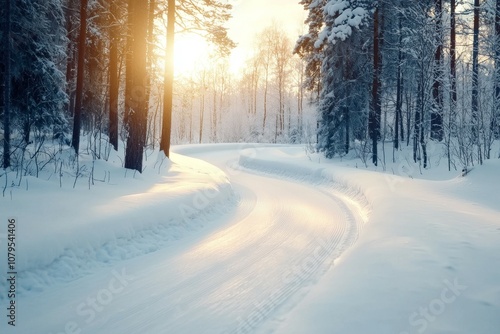 A snow covered road with a sun shining on it