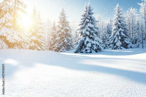 A snowy field with trees in the background