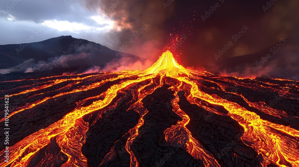 Fototapeta premium Lava flowing from an erupting volcano under dramatic skies.