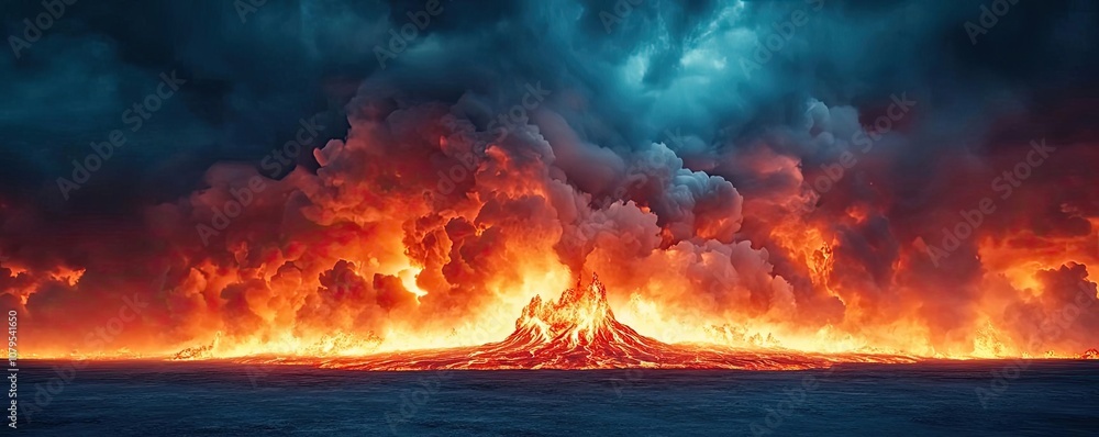Erupting volcano under dramatic sky, vibrant colors, natural disaster scene. Erupting volcano under dramatic sky, vibrant colors, natural disaster scene.