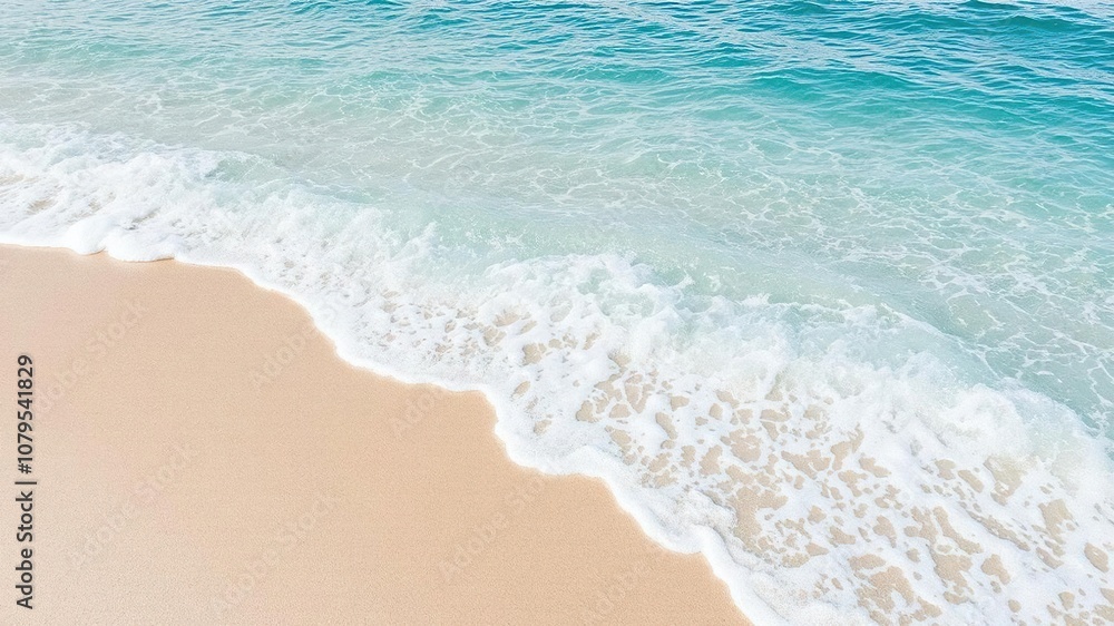 Soft blue ocean wave gently rolling onto a fine sandy beach with crystal clear water, peaceful, tourism Soft blue ocean wave gently rolling onto a fine sandy beach with crystal clear water, peaceful, tourism