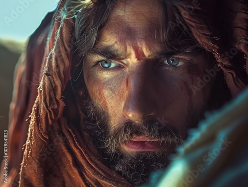 Man with a beard and blue eyes is wearing a brown robe. He has a bloody face and is looking at the camera photo