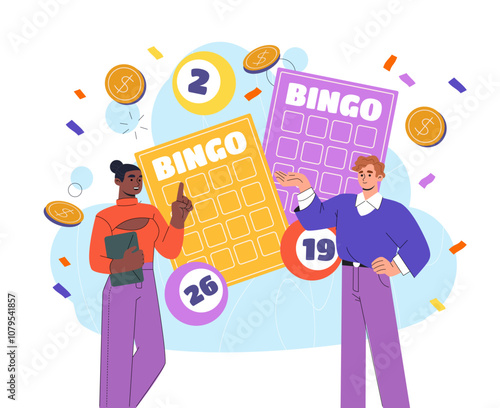 People with bingo. Man and woman near lottery tickets and balls with numbers. Games for luck, fortune and random. Happy loto winners. Flat vector illustration isolated on white background