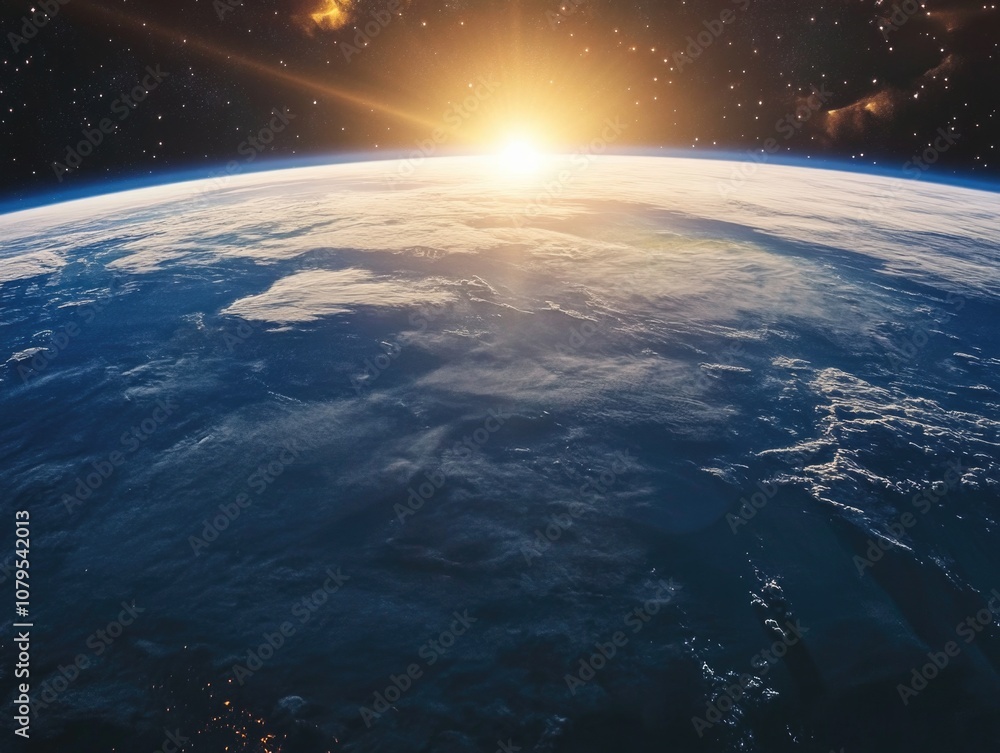 The sun is setting on the planet Earth. The sky is filled with stars and the planet is covered in clouds The sun is setting on the planet Earth. The sky is filled with stars and the planet is covered in clouds