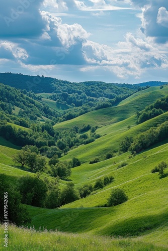 Lush green valley with a cloudy sky above. The valley is full of trees and grass, and the sky is overcast