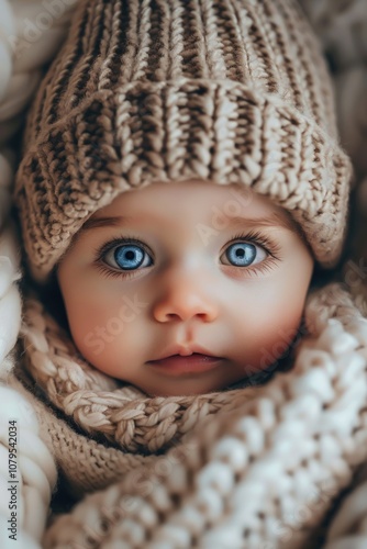 Baby wearing a hat and a scarf is looking at the camera. The baby has blue eyes and a cute smile