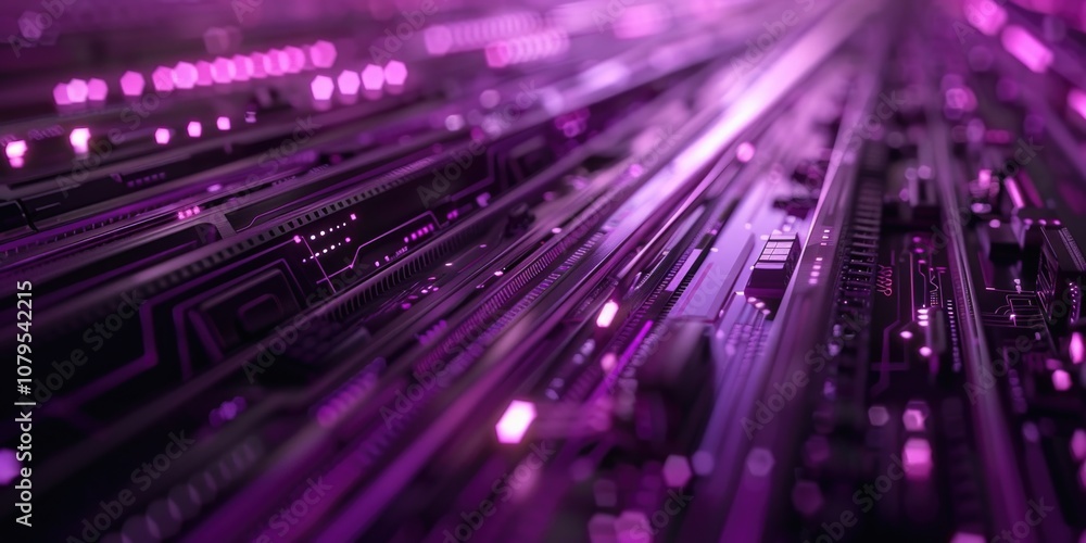 Computer chip with a purple background is shown in the image. The chip is surrounded by a purple hue, giving it a futuristic and technological feel. The image is a representation of the intricate Computer chip with a purple background is shown in the image. The chip is surrounded by a purple hue, giving it a futuristic and technological feel. The image is a representation of the intricate