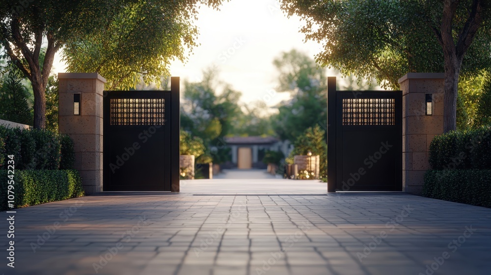 Fototapeta premium Modern Black Gate Entrance with Stone Pillars and Lush Greenery in a Luxurious Garden.