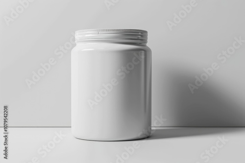 Jar is sitting on a white surface. The jar is empty and has a lid on top