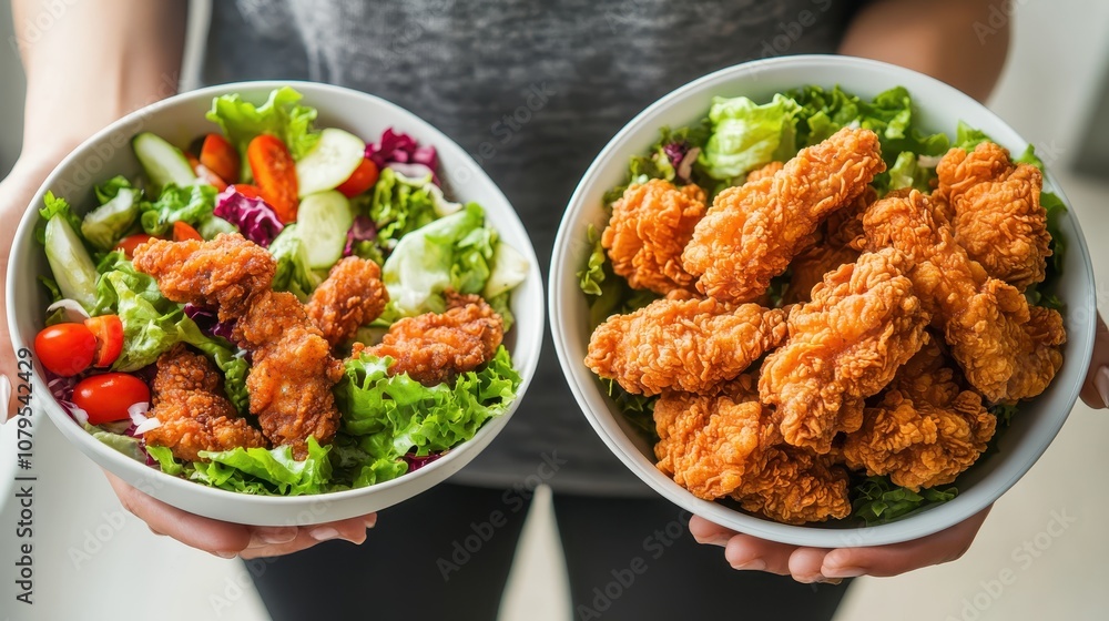 Close-up of Hands Holding Bowls of Salad with Fried Chicken Tenders and Fresh Vegetables. Close-up of Hands Holding Bowls of Salad with Fried Chicken Tenders and Fresh Vegetables.
