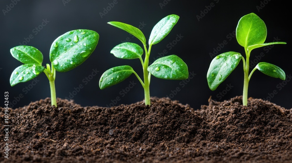 Fototapeta premium Three small green plants growing in soil with water droplets.