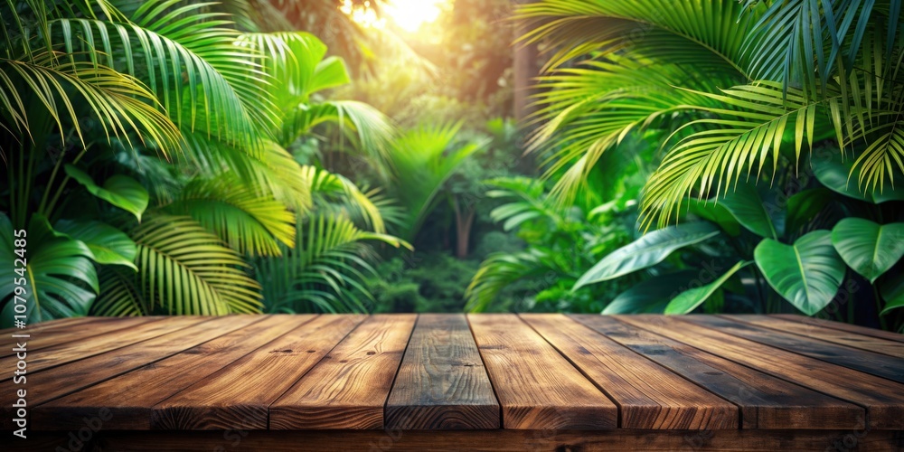 Rustic wooden table surrounded by lush tropical foliage , jungle, background, rustic, wooden, table, tropical, plants, palms Rustic wooden table surrounded by lush tropical foliage , jungle, background, rustic, wooden, table, tropical, plants, palms