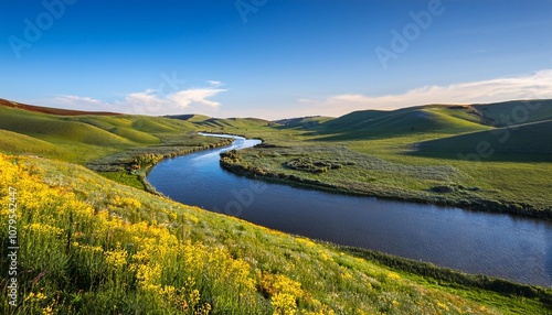 Winding River Through a Quiet Valley, Surrounded by Rolling Green Hills and Patches of Wildflowers Blooming Under the Bright Blue Sky of a Clear Spring Day