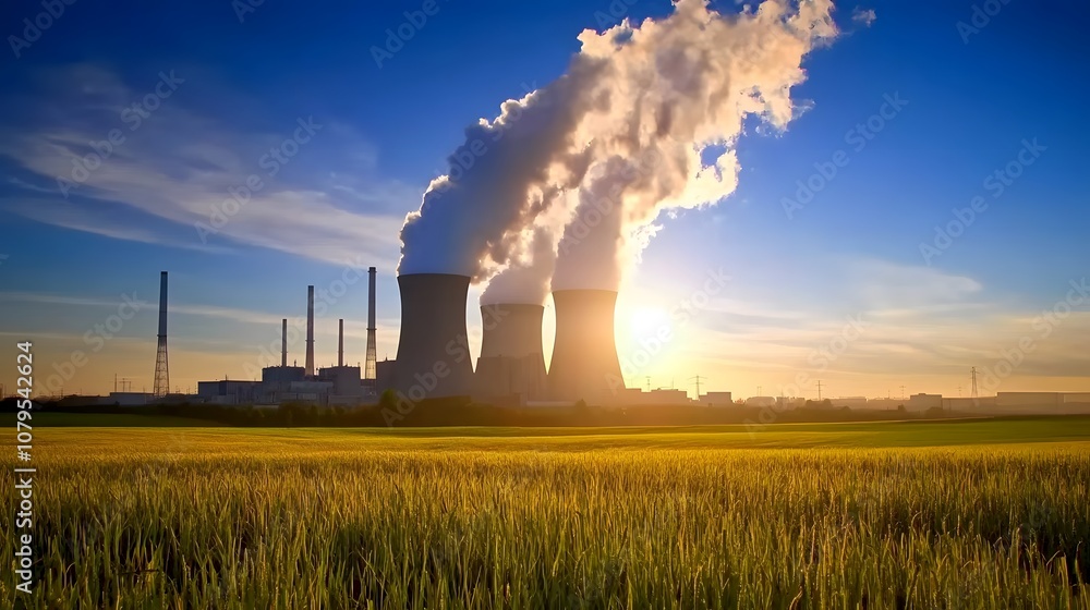 A large power plant releases plumes of smoke into the sky at sunset. The plant stands in a field of tall grass. A large power plant releases plumes of smoke into the sky at sunset. The plant stands in a field of tall grass.
