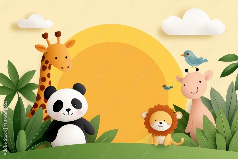 A group of animals, including a panda, giraffe, and lion A group of animals, including a panda, giraffe, and lion