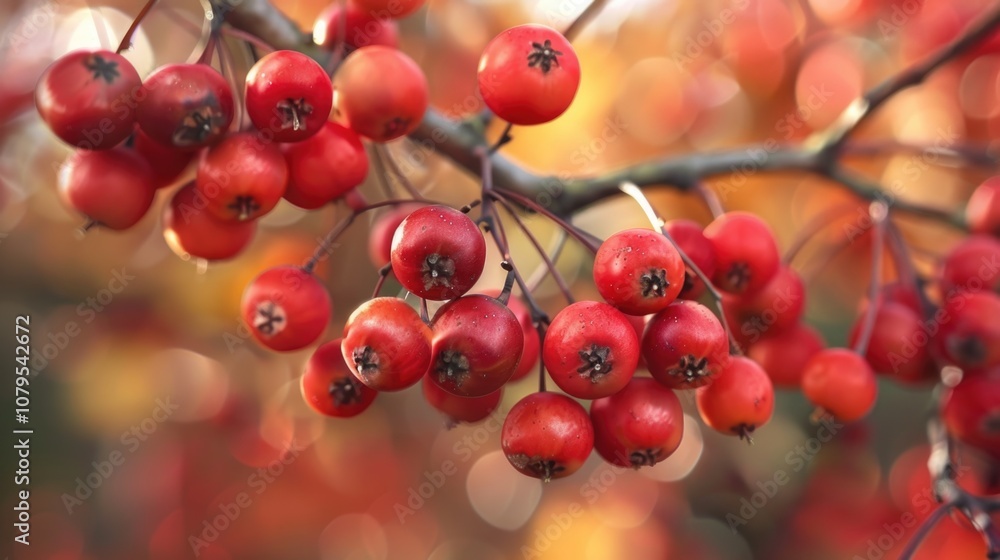Bunch of red berries hanging from a tree branch. The berries are small and round, and they are clustered together. The image has a warm, inviting feeling, and it seems like a peaceful scene Bunch of red berries hanging from a tree branch. The berries are small and round, and they are clustered together. The image has a warm, inviting feeling, and it seems like a peaceful scene