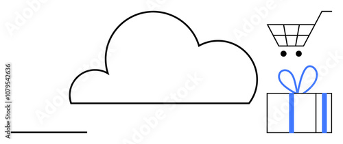 Large cloud with minimalist shopping cart and gift box with blue ribbon. Ideal for e-commerce, cloud storage, online shopping, digital services, festive seasons, consumer trends, marketing campaigns
