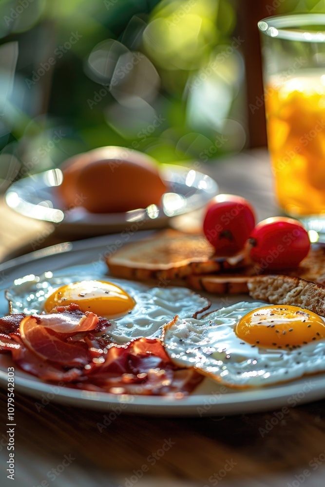 Plate of breakfast food with bacon, eggs, and tomatoes. The plate is on a wooden table Plate of breakfast food with bacon, eggs, and tomatoes. The plate is on a wooden table