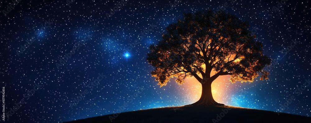 Tree silhouette under a starry sky with glowing stars and cosmic background. Tree silhouette under a starry sky with glowing stars and cosmic background.