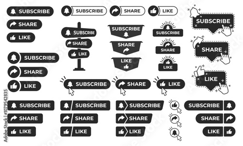 Subscribe, Share and Like Buttons Vector Set Illustration for Social Media