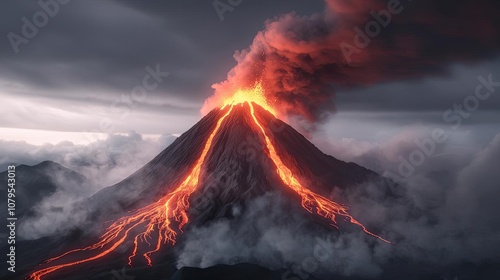 Active volcano erupting with lava and smoke under a dramatic sky