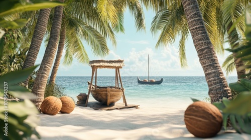 Fototapeta Naklejka Na Ścianę i Meble -  Tropical Paradise Beach Scene with Wooden Boat, Palm Trees, and Coconuts.